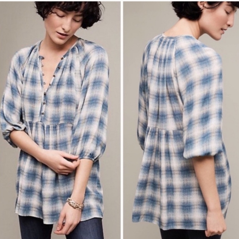 Anthropologie Maeve Cavalon Peplum Plaid Tunic Top